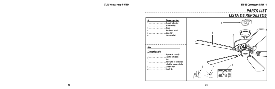 Westinghouse ETL-ES-Contractors-R-Wh14 Parts List, Lista De Repuestos, Blade Bracket, Capacitor, Hardware Pack, Aleta 